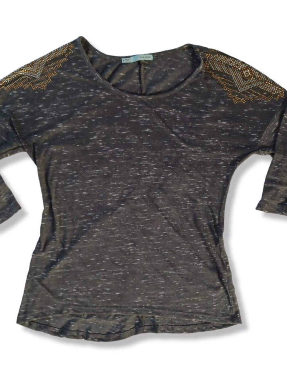 Maurices Top Tee Shirt Blouse Gray Heather Embellished 3/4 Sleeve Aztec Size S